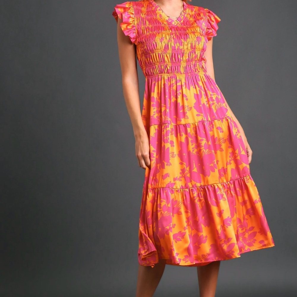 UMGEE #17 - NWT Floral Pink and Orange Dress - smocked (bin C) retail $79
